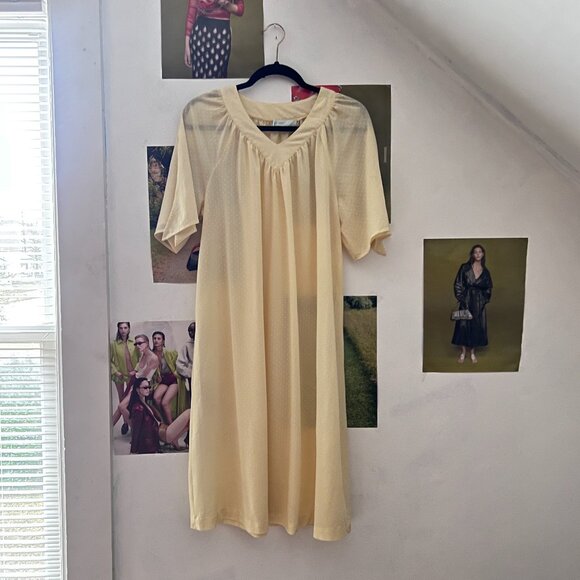 Vintage Yellow Nightgown Flutter Sleeve Dress Sheer Pale Slip Dress - Picture 1 of 4
